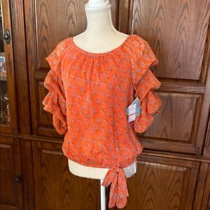 Multicolored Ruffled Tie Front Blouse